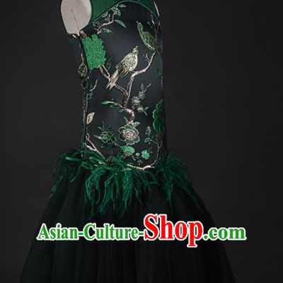 Traditional Chinese Girl Embroidered Atrovirens Qipao Dress Compere Stage Performance Costume for Kids