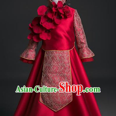 Traditional Chinese Girl Tang Suit Wine Red Dress Compere Stage Performance Costume for Kids
