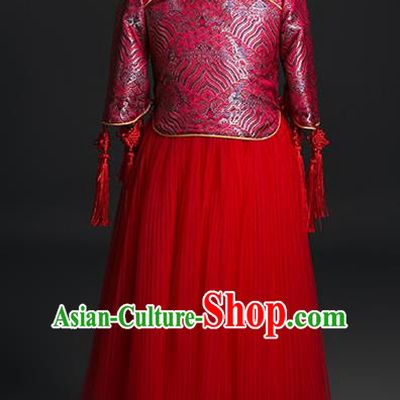 Traditional Chinese Girl Tang Suit Red Veil Dress Compere Stage Performance Costume for Kids