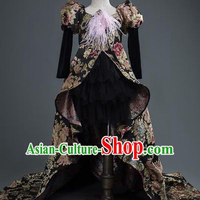 Top Children Cosplay Queen Black Embroidered Full Dress Compere Catwalks Stage Show Dance Costume for Kids