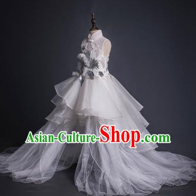 Top Children Cosplay Queen White Veil Trailing Full Dress Compere Catwalks Stage Show Dance Costume for Kids