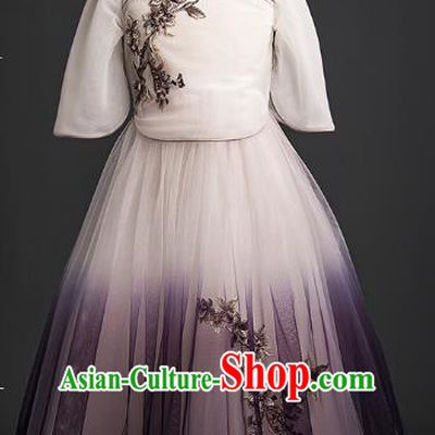 Traditional Chinese Classical Dance Blouse and Purple Skirt Compere Stage Performance Costume for Kids