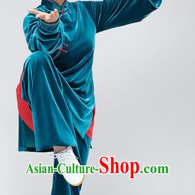 Top Tai Chi Kung Fu Blue Pleuche Outfits Chinese Traditional Martial Arts Stage Performance Costumes for Women