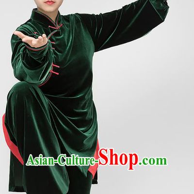 Top Tai Chi Kung Fu Deep Green Pleuche Outfits Chinese Traditional Martial Arts Stage Performance Costumes for Women