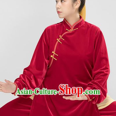 Top Tai Chi Kung Fu Red Pleuche Outfits Chinese Traditional Martial Arts Stage Performance Costumes for Women