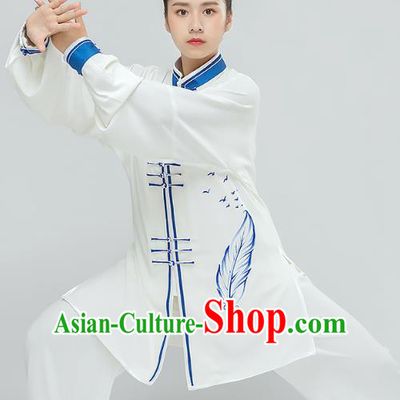 Top Tai Chi Kung Fu Printing Feather White Outfits Chinese Traditional Martial Arts Stage Performance Costumes for Women
