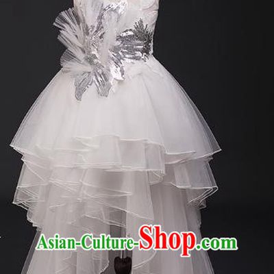 Top Children Cosplay Princess White Trailing Full Dress Compere Catwalks Stage Show Dance Costume for Kids