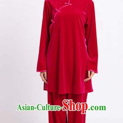 Top Tai Chi Kung Fu Competition Rosy Pleuche Outfits Chinese Traditional Martial Arts Costumes for Women