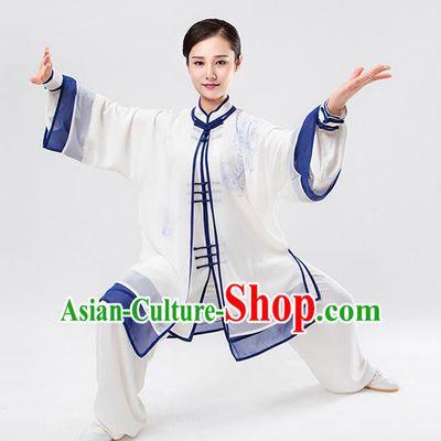Top Chinese Martial Arts Printing Blue Outfits Traditional Tai Chi Kung Fu Training Costumes for Women