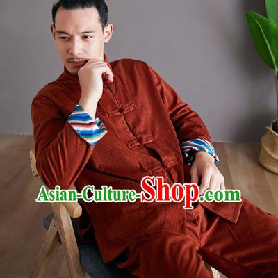 Chinese Martial Arts Rust Red Corduroy Outfits Traditional Tai Chi Kung Fu Training Costumes for Men