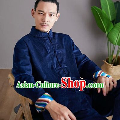 Chinese Martial Arts Deep Blue Corduroy Outfits Traditional Tai Chi Kung Fu Training Costumes for Men