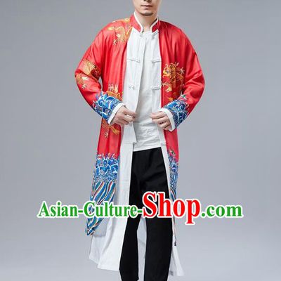 Top Chinese Tang Suit Printing Dragon Red Gown Traditional Republic of China Kung Fu Overcoat Costumes for Men