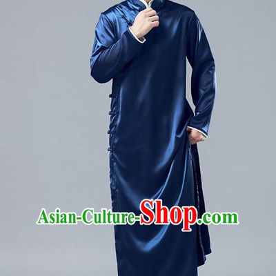 Top Chinese Tang Suit Deep Blue Silk Robe Traditional Republic of China Kung Fu Gown Costumes for Men