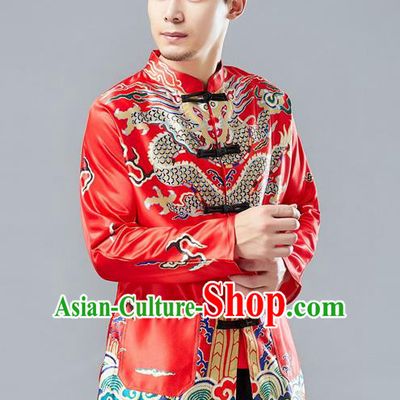 Top Chinese Tang Suit Printing Red Coat Traditional Tai Chi Kung Fu Overcoat Costume for Men