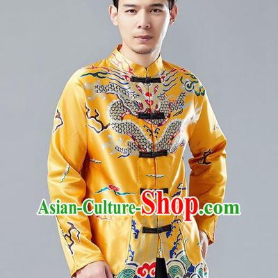 Top Chinese Tang Suit Printing Yellow Coat Traditional Tai Chi Kung Fu Overcoat Costume for Men
