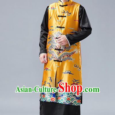 Chinese Tang Suit Printing Dragon Yellow Long Vest Traditional Tai Chi Kung Fu Overcoat Upper Outer Garment Costume for Men