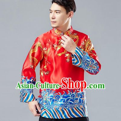 Top Chinese Tang Suit Printing Dragon Red Jacket Traditional Tai Chi Kung Fu Overcoat Costume for Men