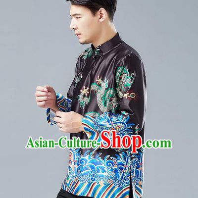 Top Chinese Tang Suit Printing Dragon Black Jacket Traditional Tai Chi Kung Fu Overcoat Costume for Men