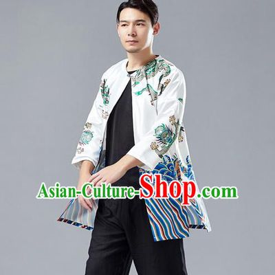 Top Chinese Tang Suit Printing Dragon White Satin Cardigan Traditional Tai Chi Kung Fu Jacket Costume for Men