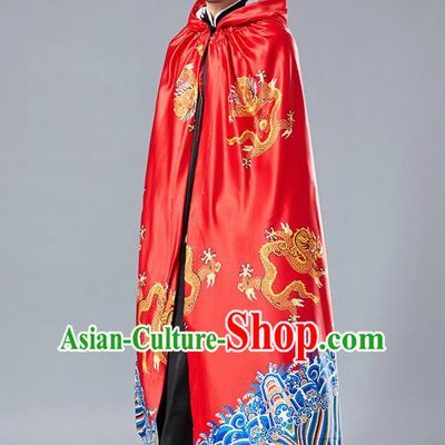 Top Chinese Tang Suit Printing Dragon Red Cape Traditional Tai Chi Kung Fu Cloak Costume for Men