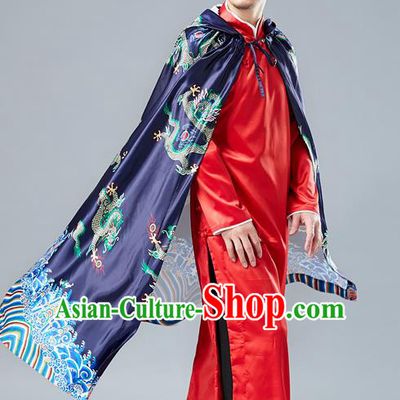 Top Chinese Tang Suit Printing Dragon Navy Cape Traditional Tai Chi Kung Fu Cloak Costume for Men