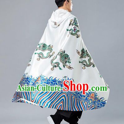 Top Chinese Tang Suit Printing Dragon White Cape Traditional Tai Chi Kung Fu Cloak Costume for Men