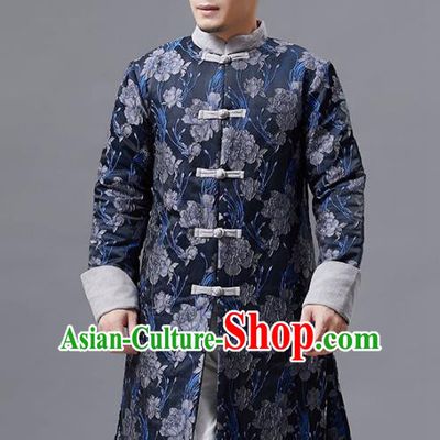 Top Chinese Tang Suit Printing Navy Coat Traditional Tai Chi Kung Fu Overcoat Costume for Men