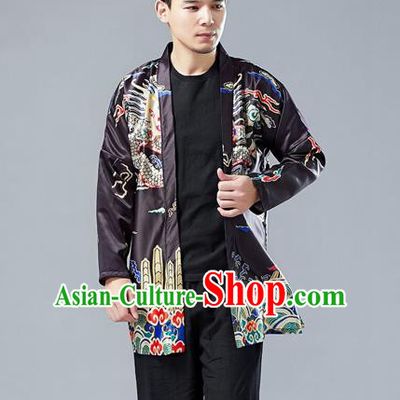 Top Chinese Tang Suit Printing Dragon Black Cardigan Traditional Tai Chi Kung Fu Jacket Costume for Men