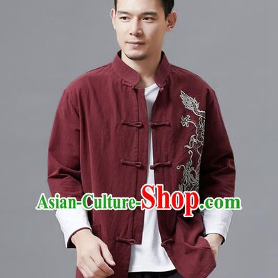 Top Chinese Tang Suit Embroidered Wine Red Flax Jacket Traditional Tai Chi Kung Fu Overcoat Costume for Men