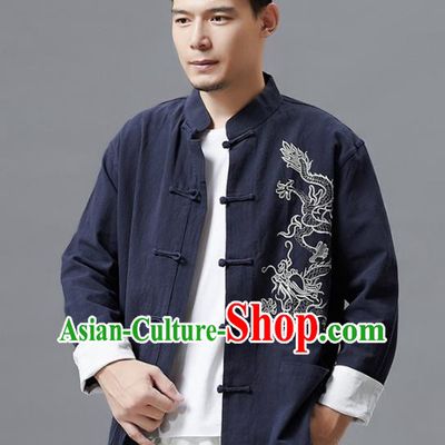 Top Chinese Tang Suit Embroidered Navy Flax Jacket Traditional Tai Chi Kung Fu Overcoat Costume for Men