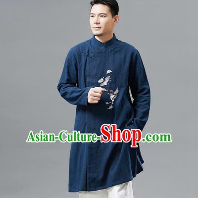 Top Chinese Tang Suit Embroidered Crane Navy Flax Jacket Traditional Tai Chi Kung Fu Overcoat Costume for Men