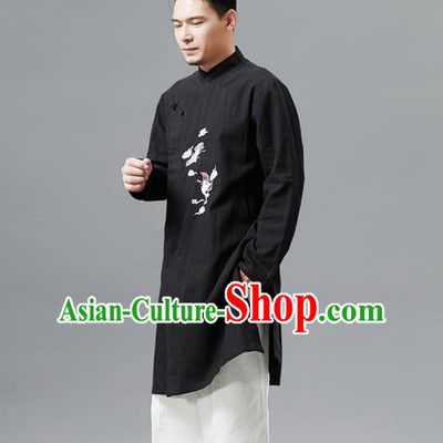 Top Chinese Tang Suit Embroidered Crane Black Flax Jacket Traditional Tai Chi Kung Fu Overcoat Costume for Men