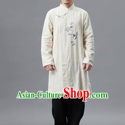 Top Chinese Tang Suit Embroidered Crane Beige Flax Jacket Traditional Tai Chi Kung Fu Overcoat Costume for Men