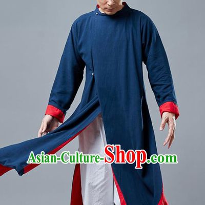Top Chinese Tang Suit Navy Long Coat Traditional Tai Chi Kung Fu Overcoat Costume for Men