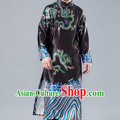 Top Chinese Tang Suit Printing Dragon Black Robe Traditional Republic of China Kung Fu Gown Costumes for Men