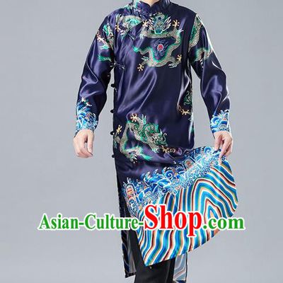Top Chinese Tang Suit Printing Dragon Navy Robe Traditional Republic of China Kung Fu Gown Costumes for Men