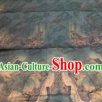 Chinese Traditional Crane Design Pattern Deep Green Silk Fabric Cheongsam Gambiered Guangdong Gauze Drapery
