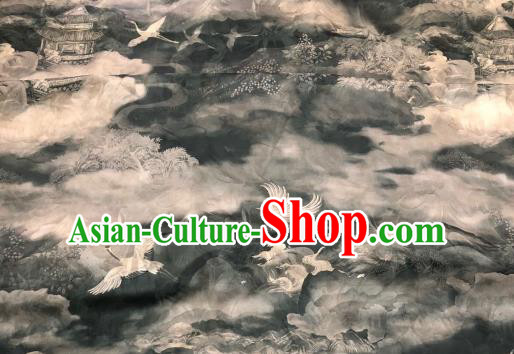 Chinese Traditional Cloud Crane Design Pattern Grey Silk Fabric Cheongsam Gambiered Guangdong Gauze Drapery