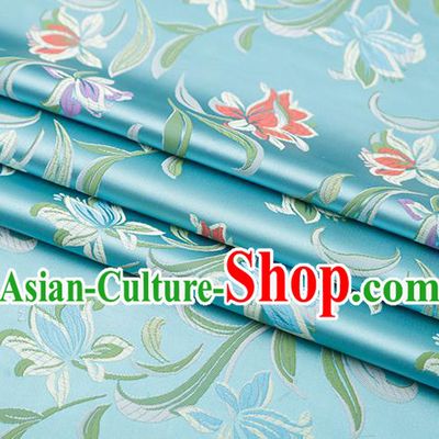 Chinese Traditional Daffodil Pattern Blue Brocade Fabric Cheongsam Satin Tapestry Drapery