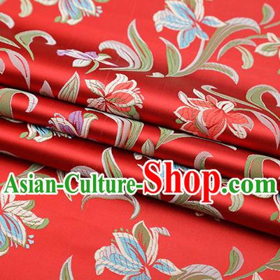 Chinese Traditional Daffodil Pattern Red Brocade Fabric Cheongsam Satin Tapestry Drapery