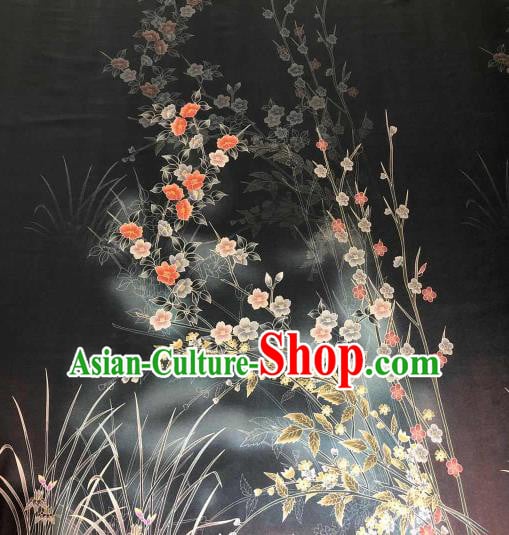 Chinese Traditional Primrose Design Pattern Black Silk Fabric Cheongsam Gambiered Guangdong Gauze Drapery Chinese Traditional Primrose Design Pattern Black Silk Fabric Cheongsam Gambiered Guangdong Gauze Drapery