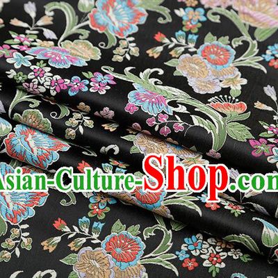 Chinese Traditional Phalaenopsis Pattern Black Brocade Fabric Cheongsam Satin Tapestry Drapery