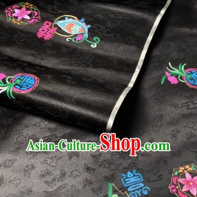 Chinese Classical Embroidered Orchid Pattern Design Black Silk Fabric Asian Traditional Hanfu Brocade Material