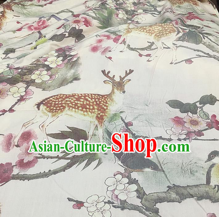 Chinese Traditional Plum Deer Design Pattern White Silk Fabric Cheongsam Mulberry Silk Drapery Chinese Traditional Plum Deer Design Pattern White Silk Fabric Cheongsam Mulberry Silk Drapery