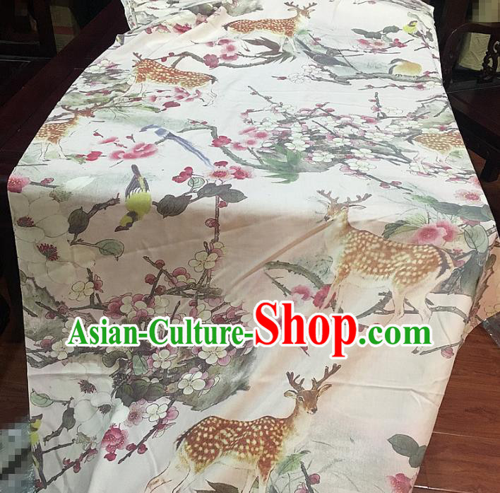 Chinese Traditional Plum Deer Design Pattern White Silk Fabric Cheongsam Mulberry Silk Drapery Chinese Traditional Plum Deer Design Pattern White Silk Fabric Cheongsam Mulberry Silk Drapery