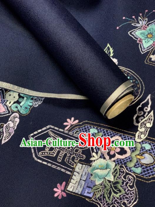 Chinese Classical Embroidered Pattern Design Navy Silk Fabric Asian Traditional Hanfu Brocade Material Chinese Classical Embroidered Pattern Design Navy Silk Fabric Asian Traditional Hanfu Brocade Material