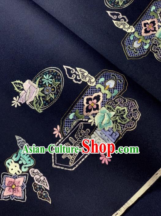 Chinese Classical Embroidered Pattern Design Navy Silk Fabric Asian Traditional Hanfu Brocade Material Chinese Classical Embroidered Pattern Design Navy Silk Fabric Asian Traditional Hanfu Brocade Material