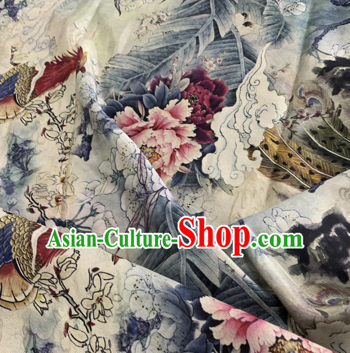 Chinese Traditional Mangnolia Phoenix Peony Design Pattern White Silk Fabric Cheongsam Mulberry Silk Drapery Chinese Traditional Mangnolia Phoenix Peony Design Pattern White Silk Fabric Cheongsam Mulberry Silk Drapery