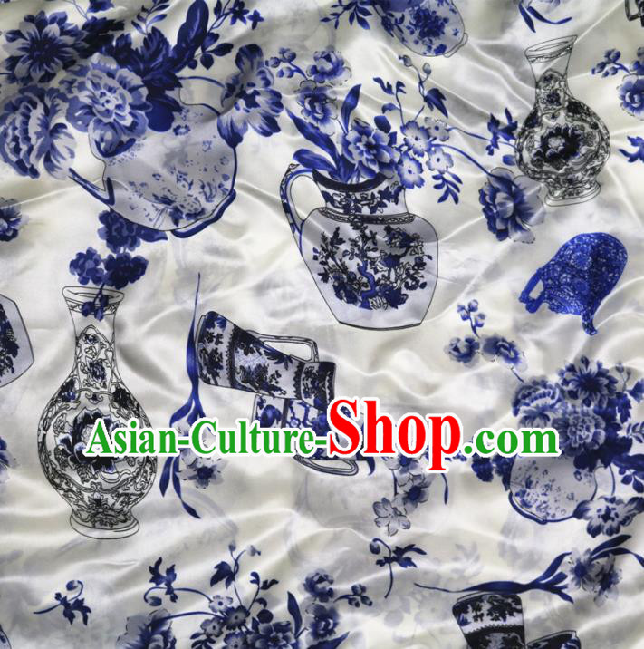 Chinese Traditional Printing Peony Vase Design Pattern White Silk Fabric Cheongsam Mulberry Silk Drapery Chinese Traditional Printing Peony Vase Design Pattern White Silk Fabric Cheongsam Mulberry Silk Drapery