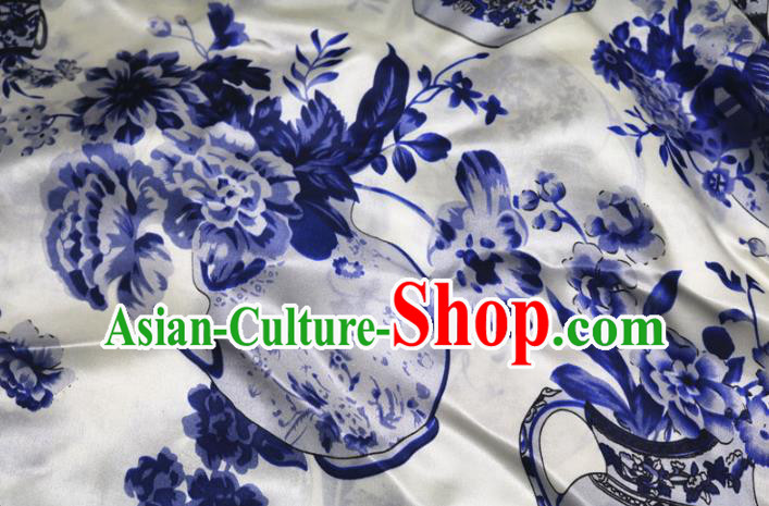 Chinese Traditional Printing Peony Vase Design Pattern White Silk Fabric Cheongsam Mulberry Silk Drapery Chinese Traditional Printing Peony Vase Design Pattern White Silk Fabric Cheongsam Mulberry Silk Drapery